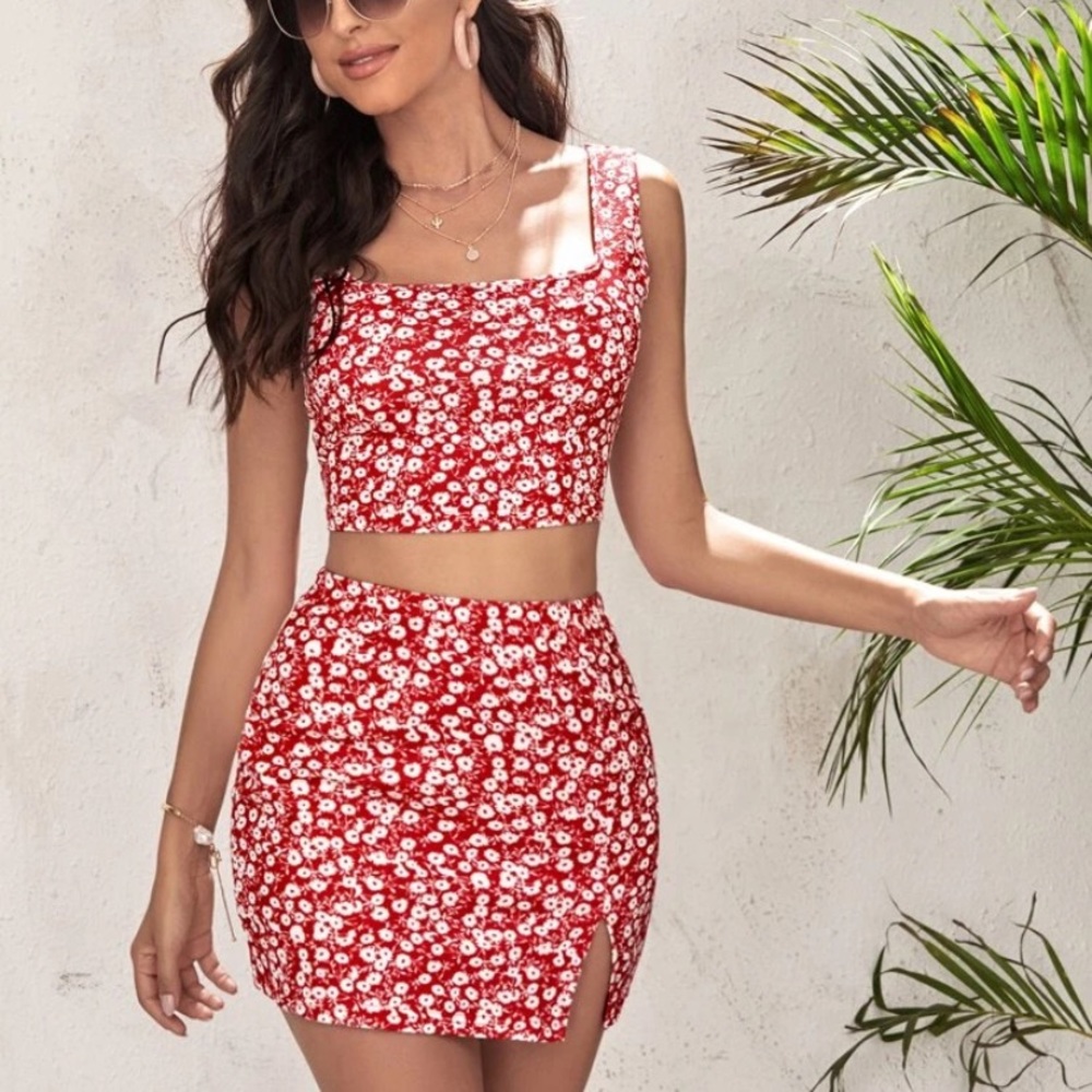 Red Floral Skirt Set